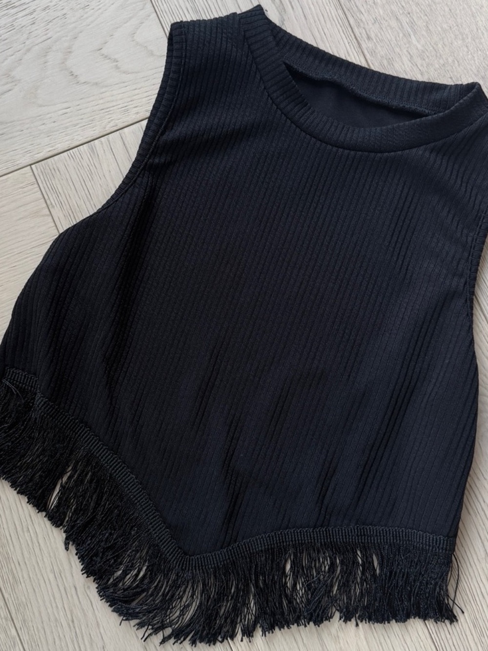 Shein Black Ribbed Fringe Crop Top Tank Perfect for Rodeo or Stampede